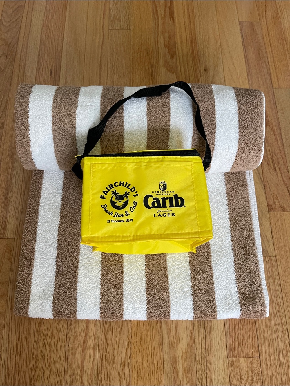 USVI Caribbean Beach Dream! 2-36”x64” Multi Striped Towels & Yellow Cooler Bag